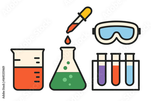 Colorful laboratory equipment set illustrating scientific experiments with beaker, flask, pipette, test tubes, and safety goggles