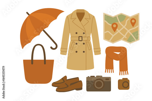 Fall essentials for an outdoor adventure in a city park on a rainy day