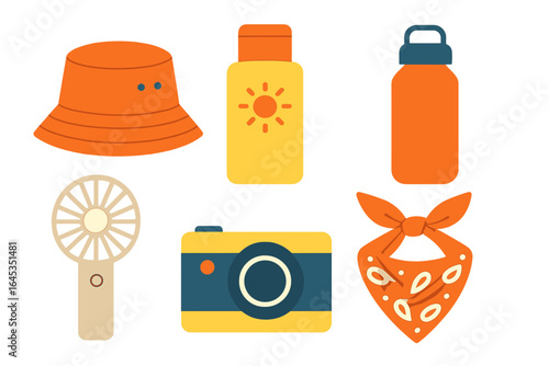 Essential summer accessories displayed with vibrant colors and playful designs for outdoor adventures and fun activities