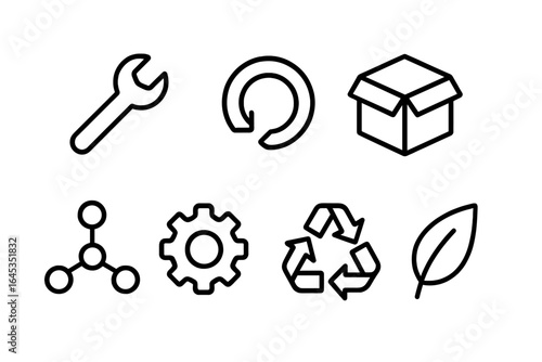 Tools and symbols representing sustainability, recycling, and innovation displayed on a clean background