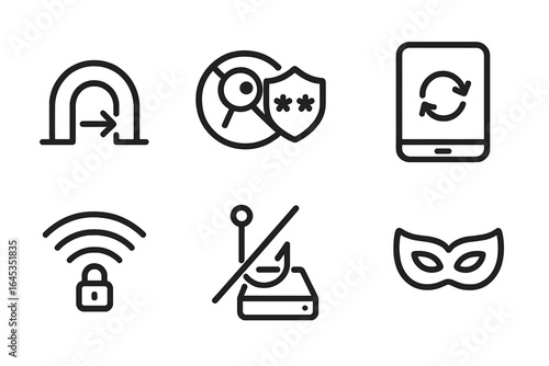Icons representing various aspects of cybersecurity and digital safety measures in modern technology