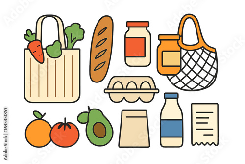 Market shopping essentials displayed with fresh produce, bakery items, and groceries for a healthy lifestyle