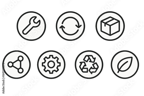 Icons depicting tools, recycling, packaging, and sustainability themes in a minimalist design for educational and informative purposes