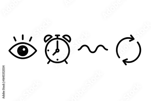 Conceptual illustration featuring symbols of vision, time, signals, and cycles that represent perception and awareness
