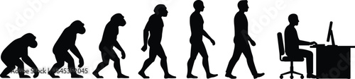 Evolution of man silhouette ending at desk with computer, human progress concept vector, modern lifestyle, technology dependence, workplace transformation