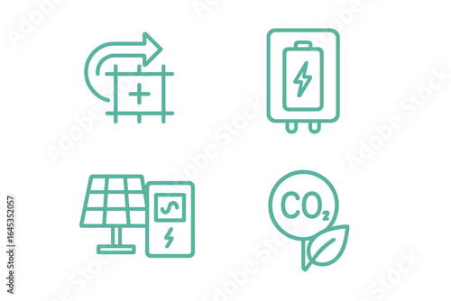Sustainable energy icons depicting solar power, battery storage, carbon footprint, and energy efficiency in green design