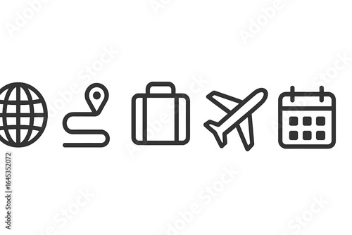 Travel planning symbols depicting globe, map, suitcase, airplane, and calendar for organizing trips effectively
