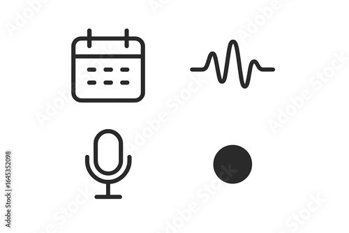 Vector icons representing a calendar, sound wave, microphone, and dot, illustrating concepts of scheduling and audio recording