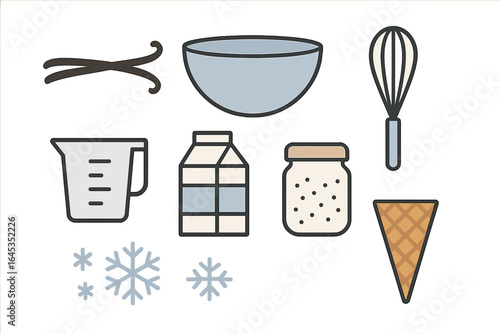 Essentials for making vanilla ice cream with basic kitchen tools and ingredients in a bright, minimalist setting