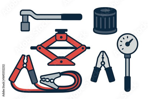 Essential tools for vehicle maintenance and emergency repairs displayed on a clean surface