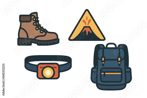 Essential hiking gear for outdoor adventures, including boots, backpack, headlamp, and volcano sign