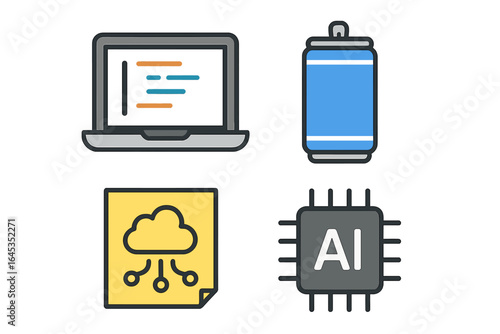 Technology symbols illustrating programming, artificial intelligence, and cloud computing concepts in a modern digital environment
