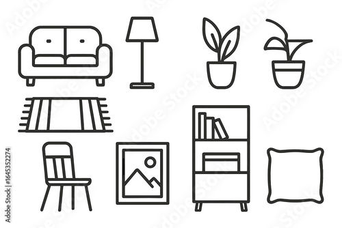 Living room elements showcasing modern decor with furniture, plants, and art in a minimalist style