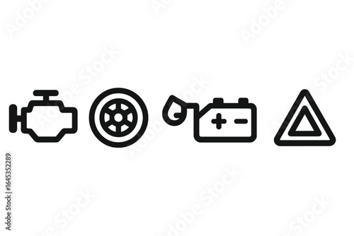 Vehicle dashboard symbols indicating engine trouble, low tire pressure, battery issues, and hazard lights