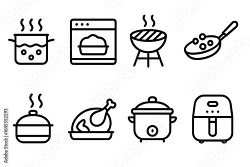 Variety of cooking methods illustrated with kitchen appliances and food preparations