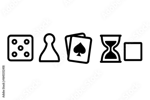 Board game elements including dice, a pawn, playing cards, hourglass, and a square piece arranged in a minimalistic style