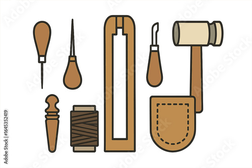 Crafting tools for leatherworking displayed on a white background showcasing various instruments and supplies for artisans