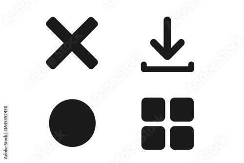 Various simple black icons representing actions such as closing, downloading, and organizing displayed in a minimalistic style