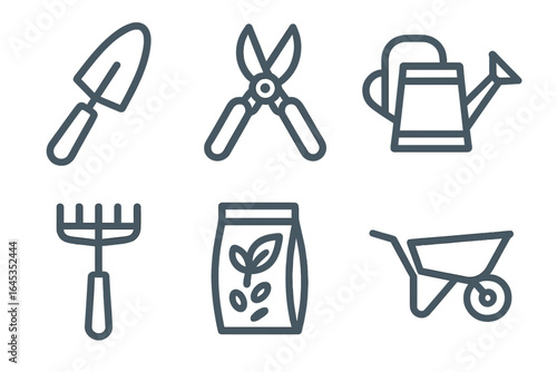 Gardening tools including trowel, pruners, watering can, rake, seed bag, and wheelbarrow arranged in an organized layout
