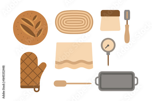 Baking essentials including bread, dough, measuring tools, and oven mitt in a kitchen setting