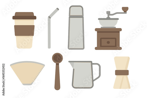 Tools and accessories used for brewing coffee at home in a minimalistic design