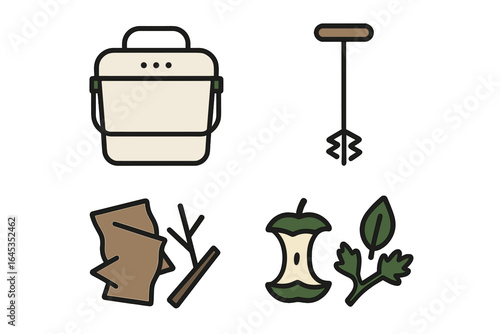 Tools and materials for gardening and composting in a natural setting during daytime