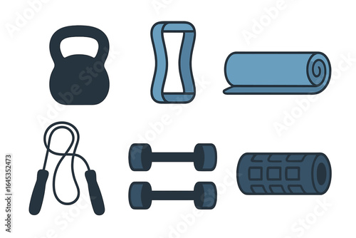 Fitness equipment essentials for home workouts featuring kettlebell, yoga mat, resistance band, dumbbells, and foam roller