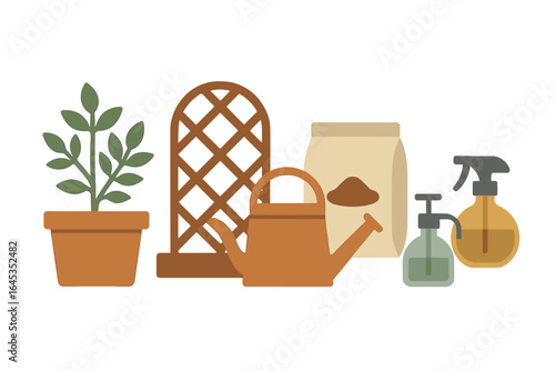 Various gardening tools and supplies arranged on a white background for plant care and maintenance