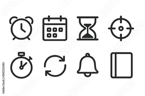 Various icons representing time management tools including clocks, calendars, timers, and reminders illustrating productivity techniques