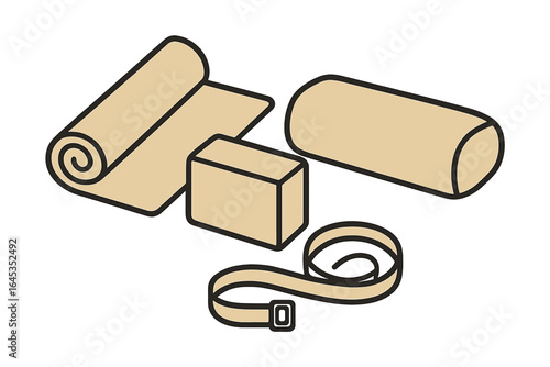 Various yoga accessories arranged on a plain background for fitness enthusiasts and beginners during practice