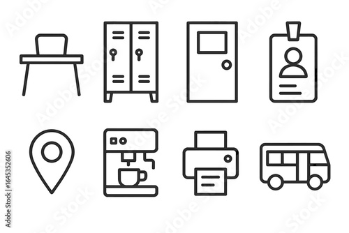 Workspace essentials featuring lockers, coffee machine, printer, and more in a modern office setting