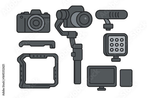 Equipment used for photography and videography with camera, stabilizer, microphone, and accessories on a plain background