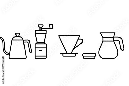 Coffee brewing tools arranged in a minimalistic style on a white background