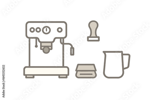 Coffee preparation equipment including espresso machine, tamper, and milk jug in a modern kitchen setup