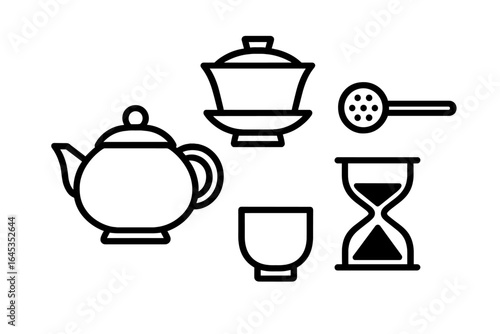 Various tea preparation utensils including teapot, cup, strainer, and hourglass in a minimalist style