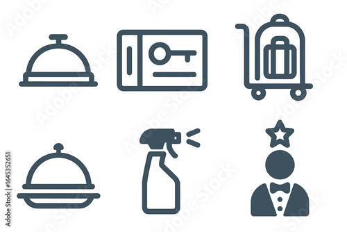 Hotel services icons depicting room service, keys, luggage, cleaning, and concierge activities for guest assistance
