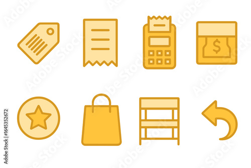 Digital icons representing shopping essentials such as receipts, tags, and carts for an online store setup