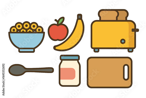 Breakfast items on a kitchen countertop featuring fruits, toast, and various utensils for a nutritious meal