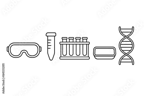 Laboratory equipment displayed includes safety goggles, test tubes, a pipette, and a DNA helix illustration