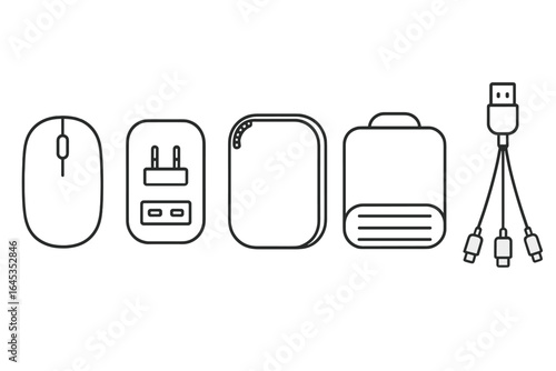 Tech accessories on a clean background showcasing a computer mouse, charger, power bank, and USB cables for everyday use