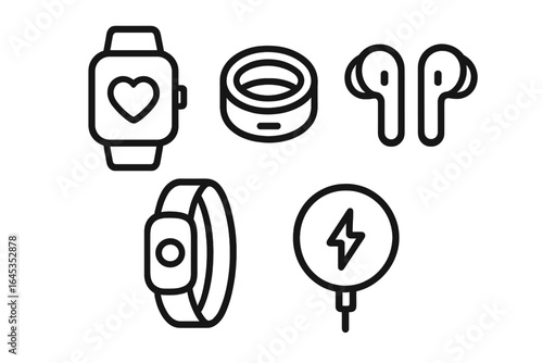 Collection of smart wearable devices showcasing modern technology and health tracking in a minimalist style