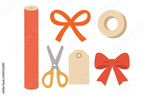 Craft supplies for gift wrapping displayed on a clean background with vibrant colors and essential tools