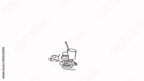 Self drawing animation of one continuous line. Hand drawn animated illustration. laptop, overweight, woman, person, computer, technology, adult, lifestyle, food, fast food
