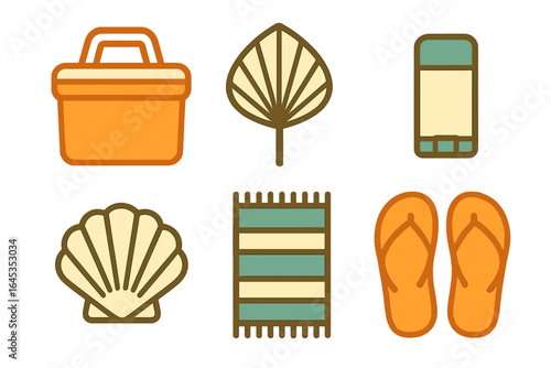 Iconic beach picnic essentials featuring a cooler, leaf, smartphone, seashell, mat, and flip flops ready for a sunny day at the coast