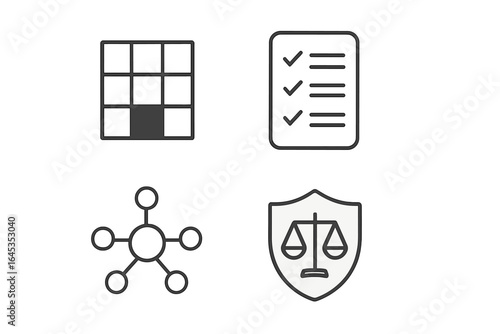 Elements of organization and security represented through icons of a grid, checklist, network, and scales in a minimalist design