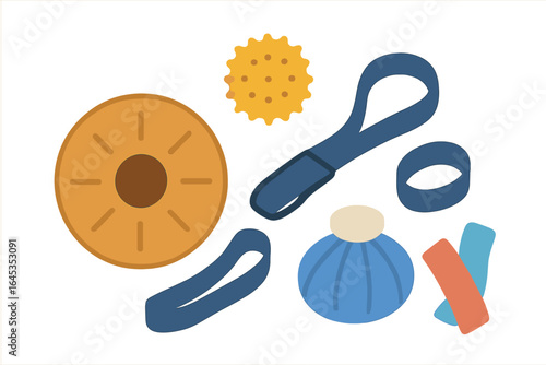 Pet supplies including toys and accessories for dogs on a white background