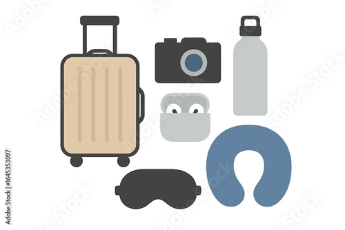 Travel essentials for a comfortable journey featuring luggage, camera, water bottle, and accessories