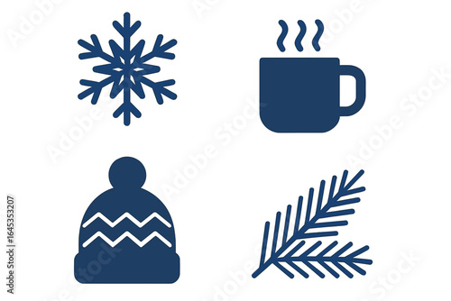 Cozy winter symbols featuring a snowflake, steaming mug, beanie, and pine branch on a light background