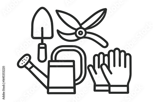 Gardening tools including watering can, gloves, and pruning shears for outdoor planting activities in springtime