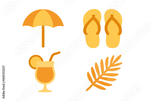 Bright beach elements showcase summer fun with flip flops, drinks, sun umbrella, and palm fern